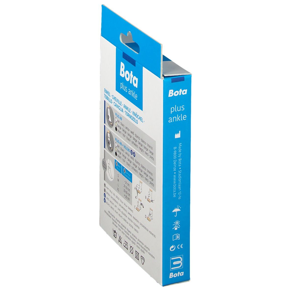 Vue latérale de la boîte de l'attelle de cheville BOTA PLUS AB. Nom du produit, logo et informations multilingues.