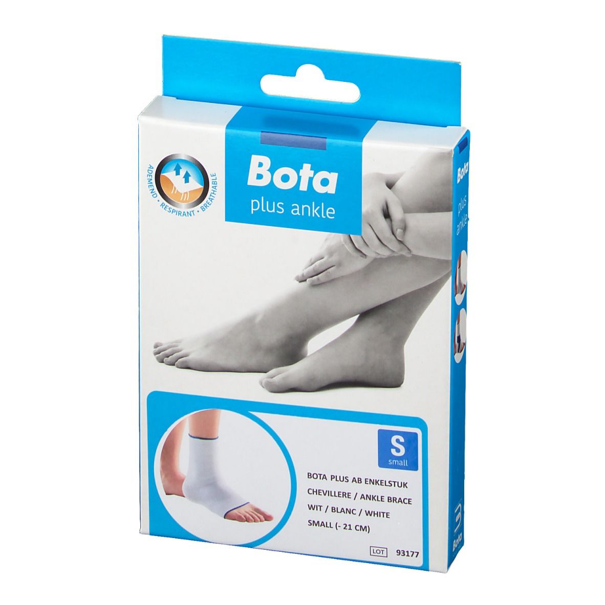 Boîte de l'attelle de cheville BOTA PLUS AB, taille S. Blanche avec accents bleus. Illustration du produit et d'une jambe.