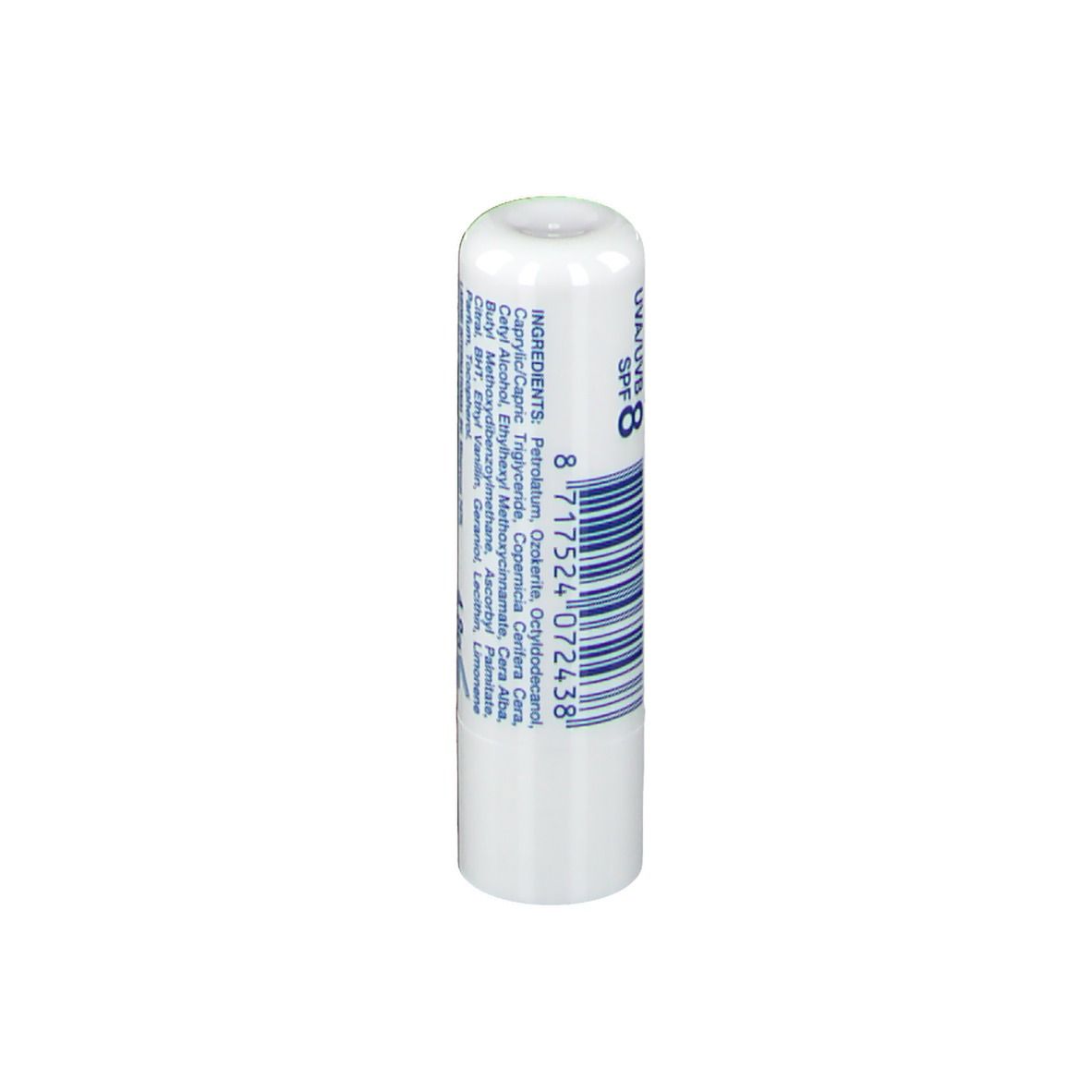 Rouge à lèvres blanc avec texte bleu. Contient facteur 8. Code-barres et liste des ingrédients.