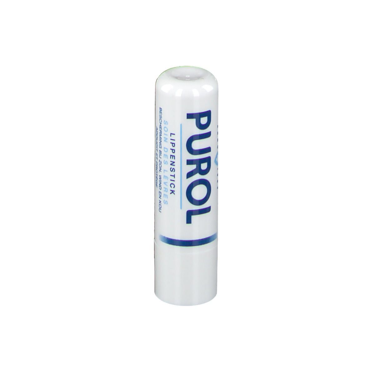 Rouge à lèvres blanc avec texte bleu. Texte: 'PUROL Lippenstift Soin des lèvres'.