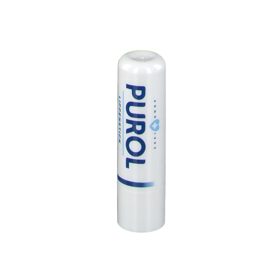 Rouge à lèvres blanc avec texte bleu. Texte: 'PUROL'.