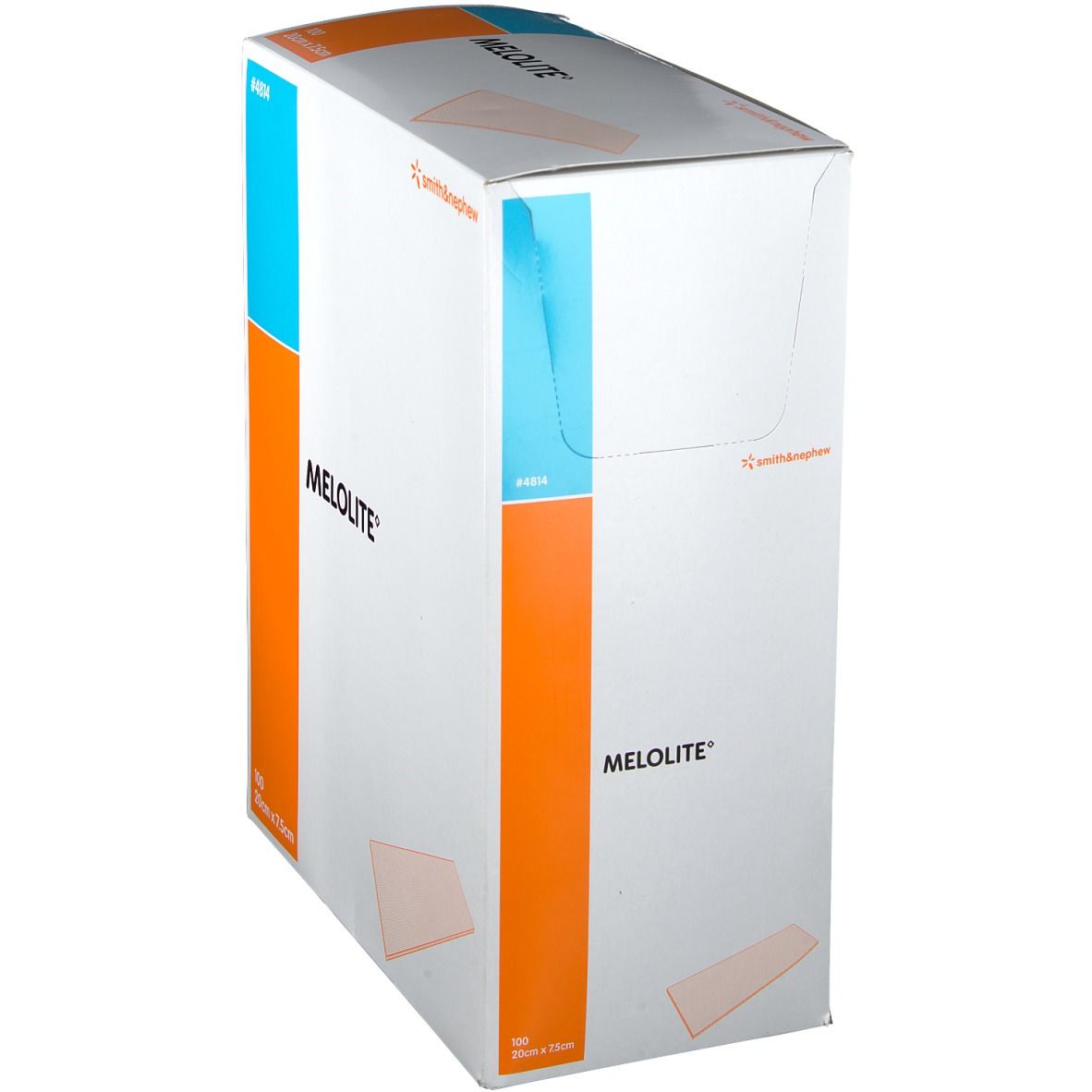 Boîte de pansements Melolite en biais. Inscriptions : Smith & Nephew, Melolite, 100 pièces, 20cm x 7.5cm. Couleurs : blanc, bleu, orange.