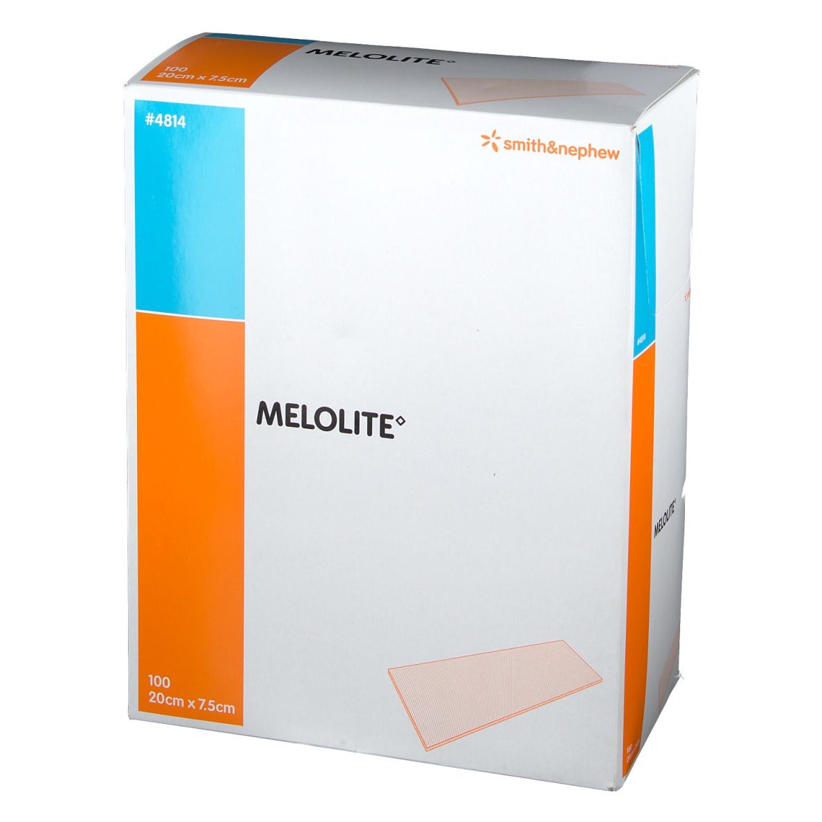 Boîte de pansements Melolite. Inscriptions : Smith & Nephew, Melolite, 100 pièces, 20cm x 7.5cm. Couleurs : blanc, bleu, orange.