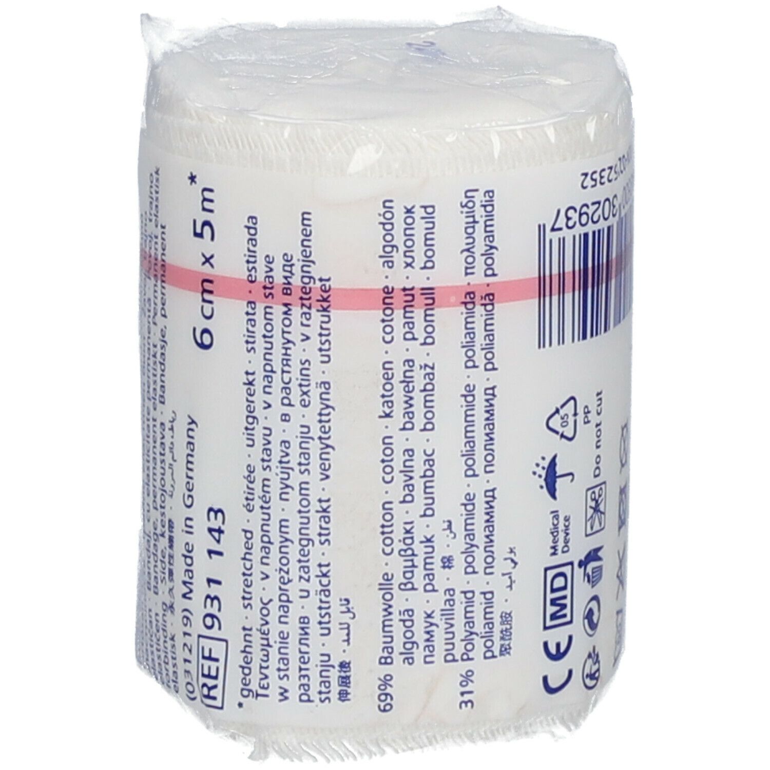 Bande élastique Idealast, 6 cm x 5 m, blanche. Emballée dans du film plastique. Inscriptions: Idealast, REF 931 143, 6 cm x 5 m, composition.