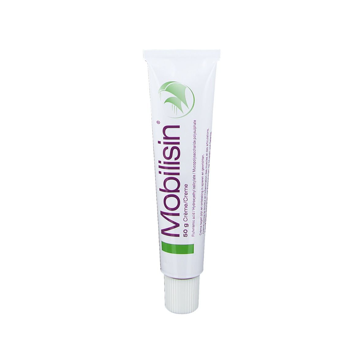 Tube de crème Mobilisin, logo vert. Inscription: 50 g Crème/Crème.