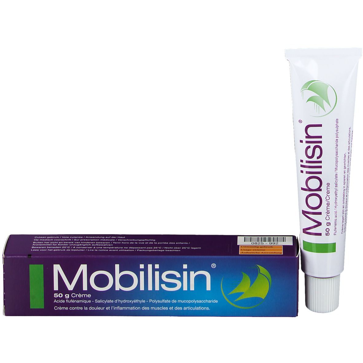 Tube et boîte de crème Mobilisin. Boîte avec inscription Mobilisin et logo vert.