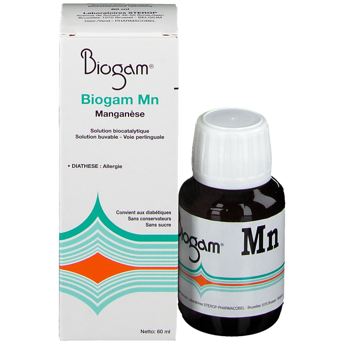 Flacon et emballage du produit. Inscription "Biogam Mn".