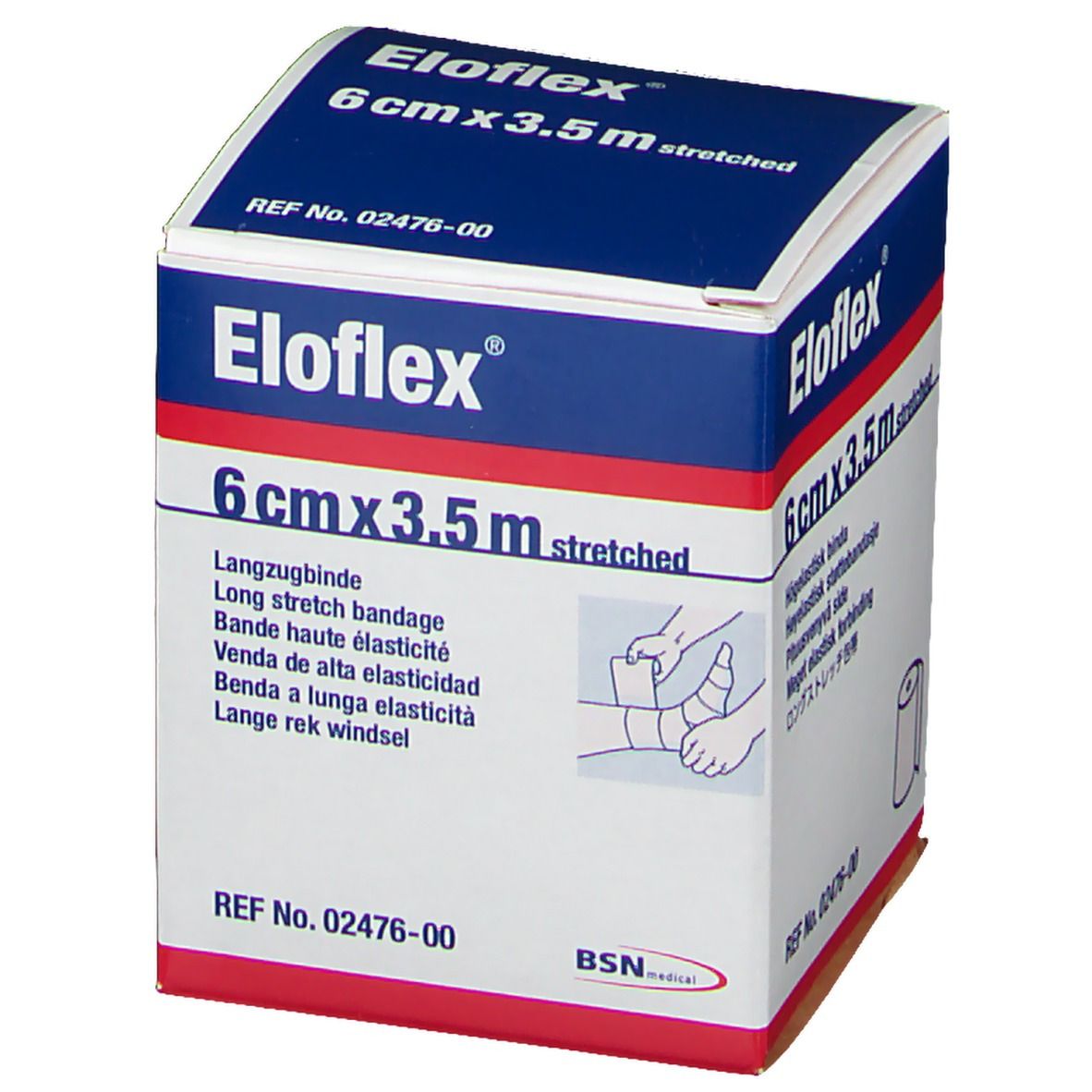 Boîte Eloflex, 6 cm x 3,5 m étiré. Bande de maintien élastique. BSN medical. Réf. 02476-00. Illustration d'application.
