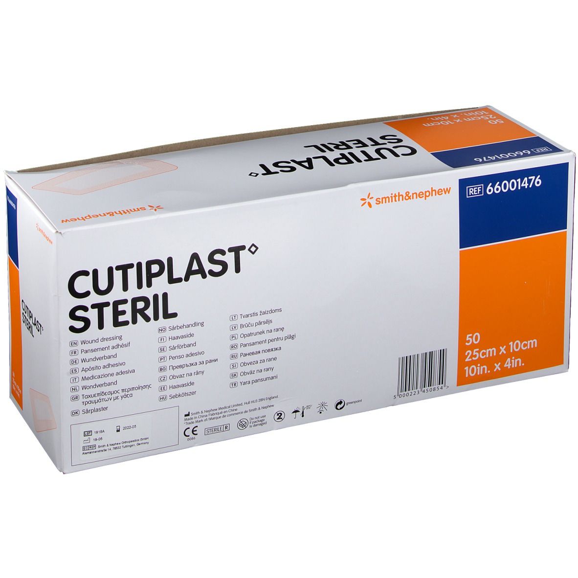 CULTIPLAST STERIL-Verpackung. Aufschrift: 50 Stück, 25cm x 10cm. Marke: smith&nephew.