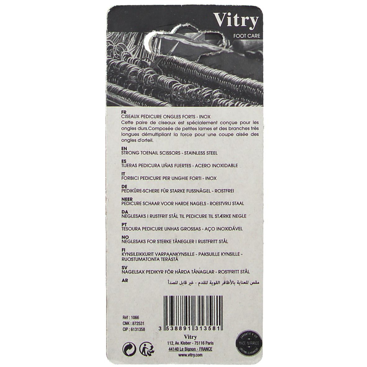 Dos de l'emballage blister avec informations produit et code-barres. Marque Vitry, soins des pieds. Textes multilingues.