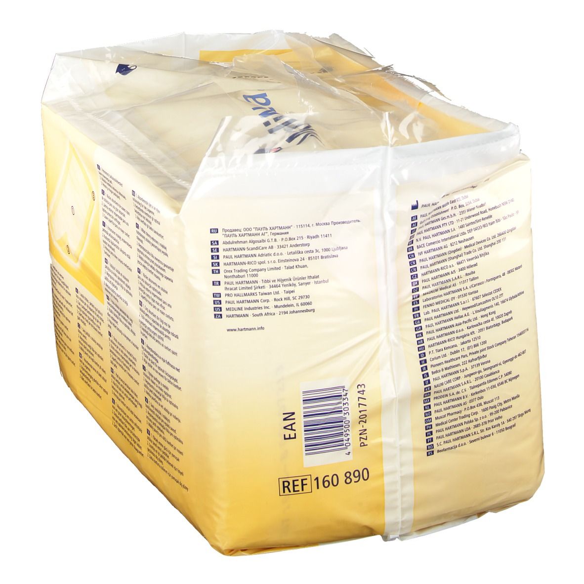 Verpakking MoliNea plus D absorberende pads, 20 x 40 cm. Achterkant met meertalige tekst. EAN-code en REF-nummer.