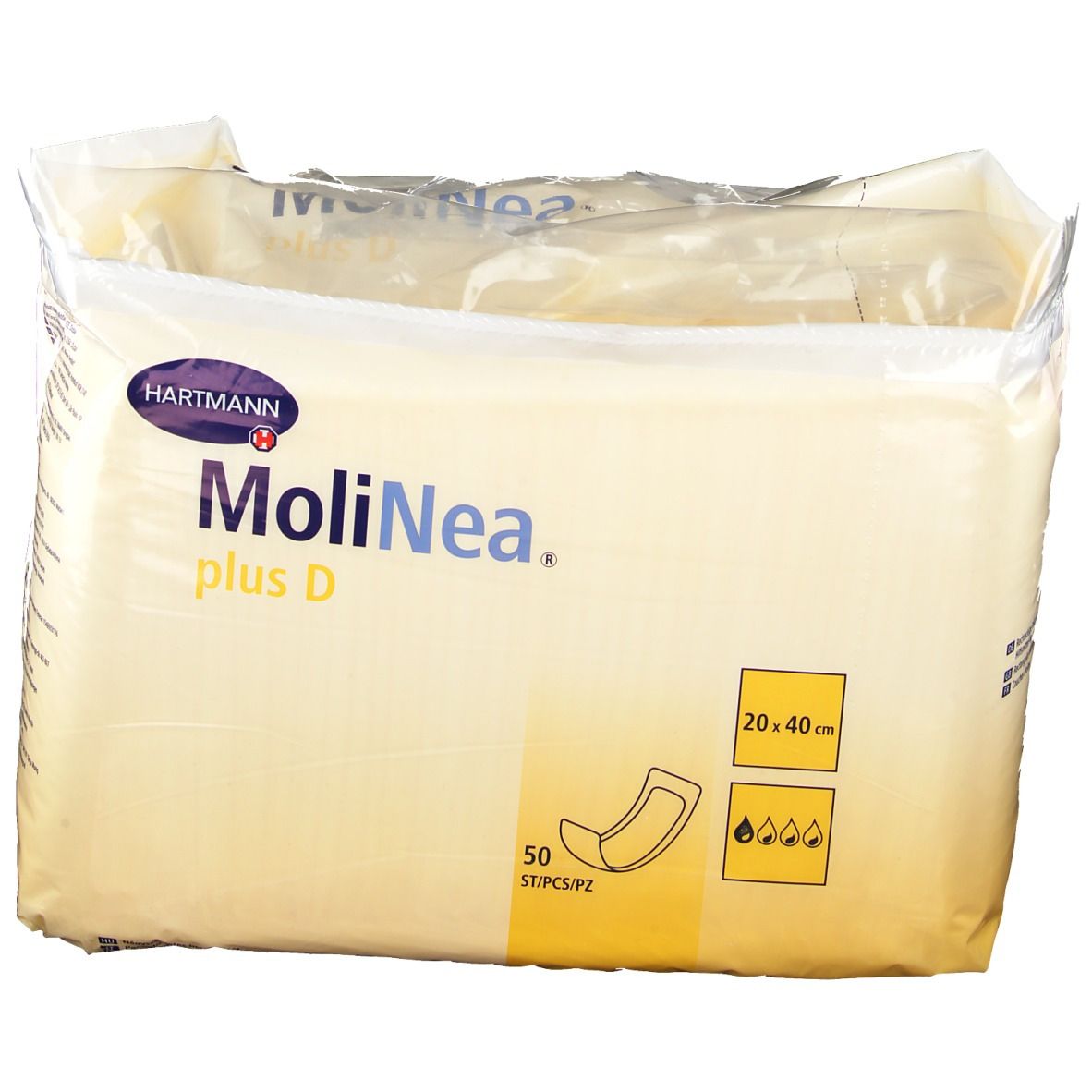 Verpakking MoliNea plus D absorberende pads, 20 x 40 cm. 50 stuks. Hartmann logo. Productillustratie en maatindicatie.