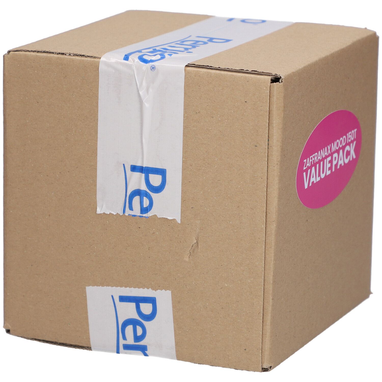 Braune Kartonbox mit pinkfarbenem Aufkleber. Klebeband.