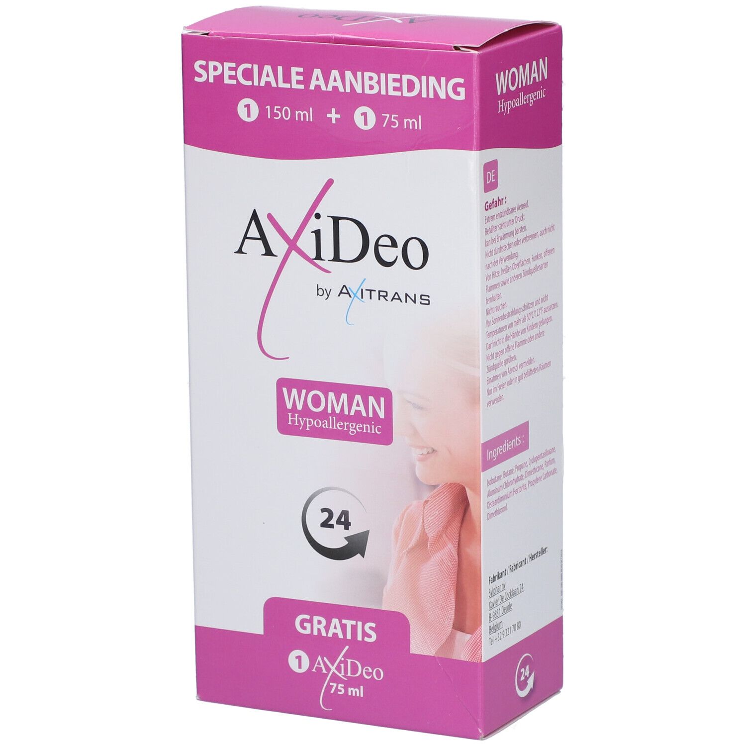 Boîte AxiDeo by Axitrans Woman Deospray. Rose et blanche, avec nom du produit, logo et symbole 24h. Contient un produit gratuit.