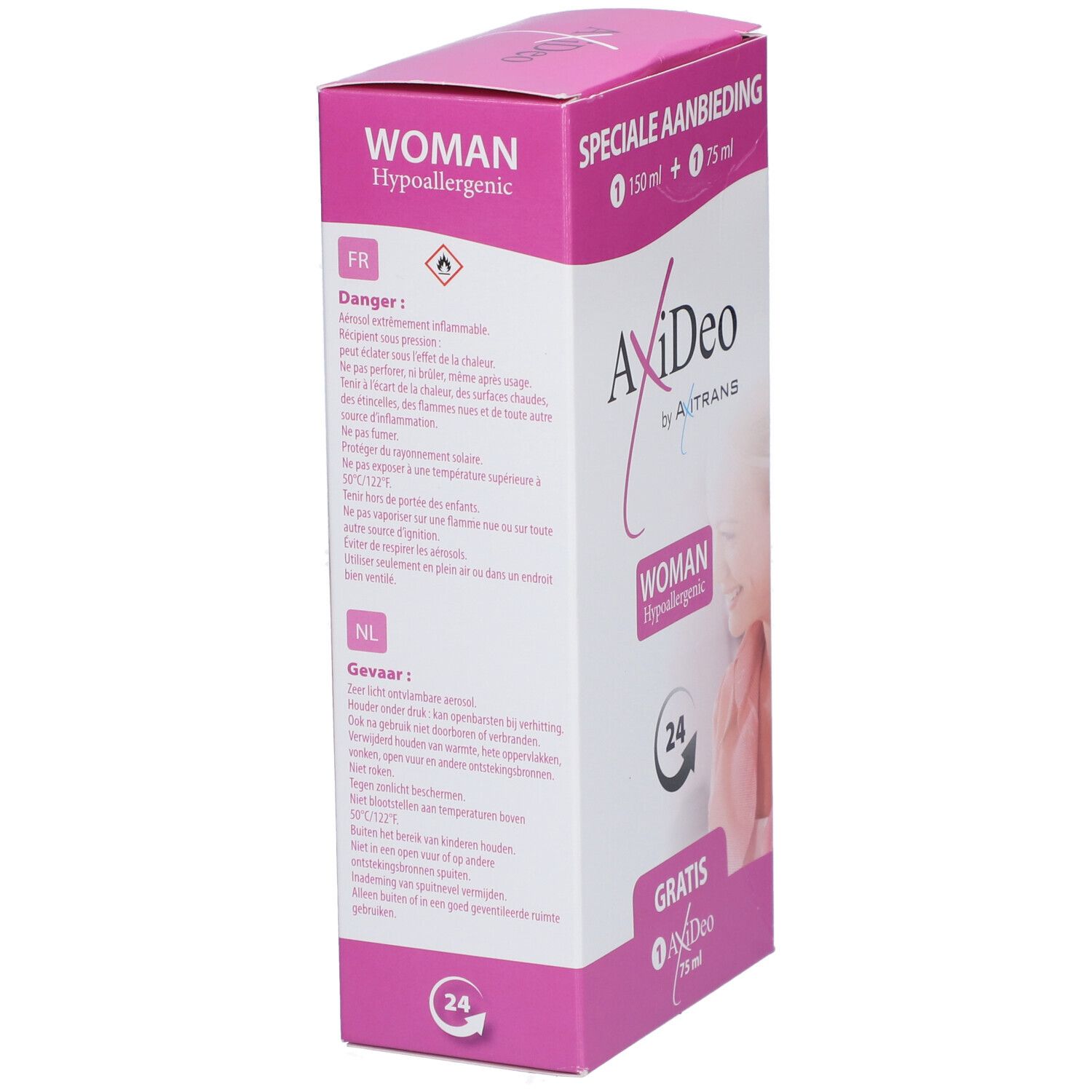 Boîte AxiDeo by Axitrans Woman Deospray. Rose et blanche, avec nom du produit, logo et symbole 24h. Contient un produit gratuit.