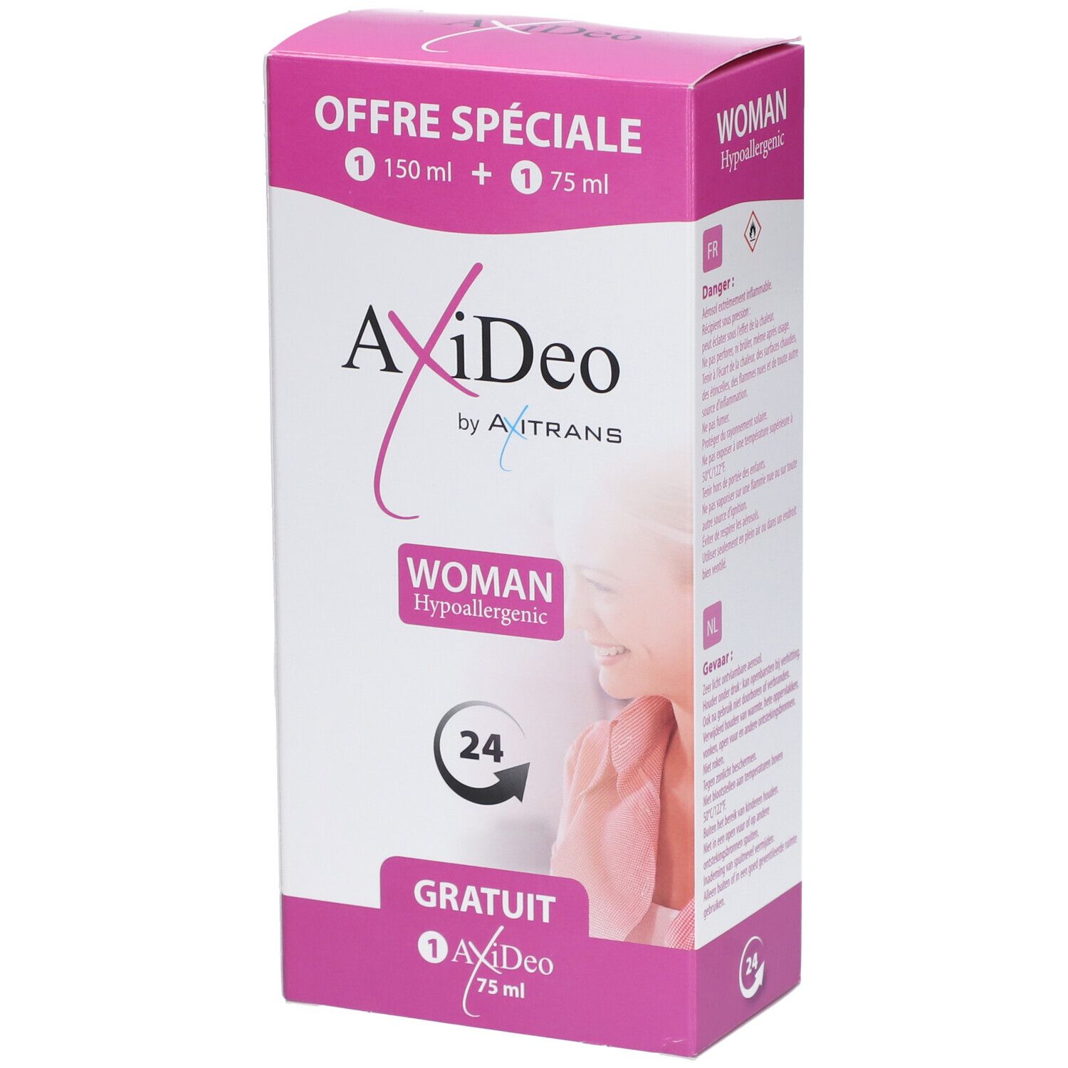 Boîte AxiDeo by Axitrans Woman Deospray. Rose et blanche, avec nom du produit, logo et symbole 24h. Contient un produit gratuit.