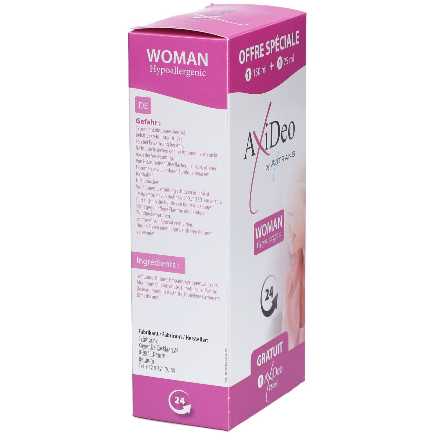 Boîte AxiDeo by Axitrans Woman Deospray. Rose et blanche, avec nom du produit, logo et symbole 24h. Contient un produit gratuit.