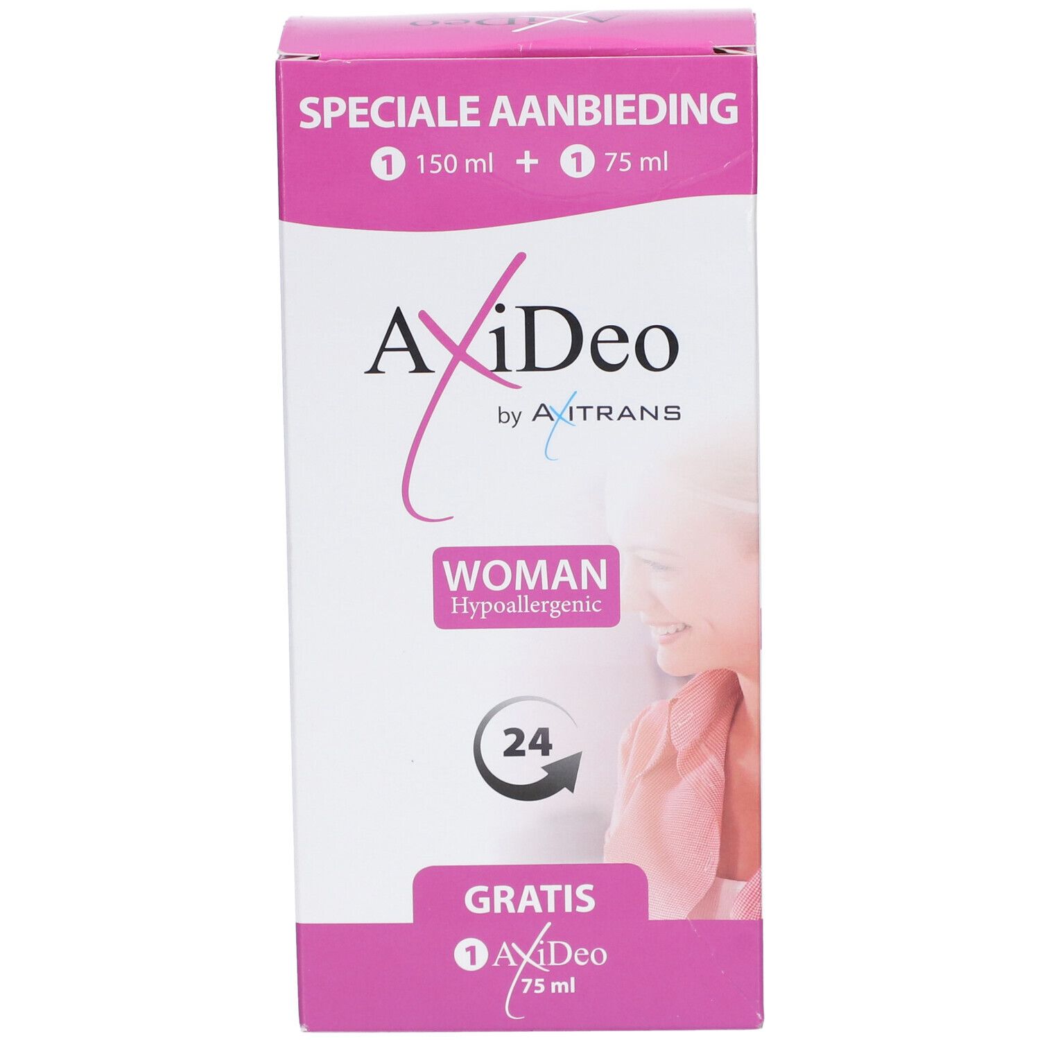Boîte AxiDeo by Axitrans Woman Deospray. Rose et blanche, avec nom du produit, logo et symbole 24h. Contient un produit gratuit.