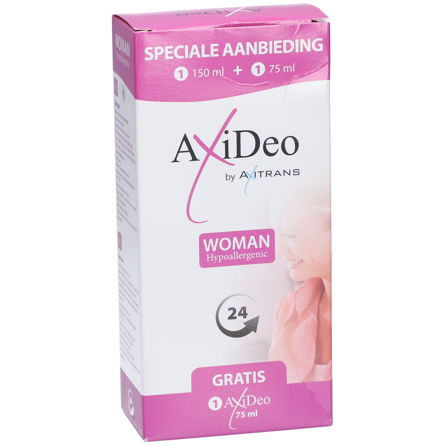 Boîte AxiDeo by Axitrans Woman Deospray. Rose et blanche, avec nom du produit, logo et symbole 24h. Contient un produit gratuit.