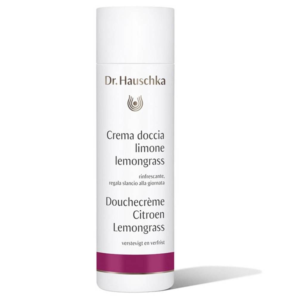 Flacon blanc et violet. Inscriptions: Dr. Hauschka, Crème de Douche Citron Lemongrass. Italien, néerlandais et allemand.