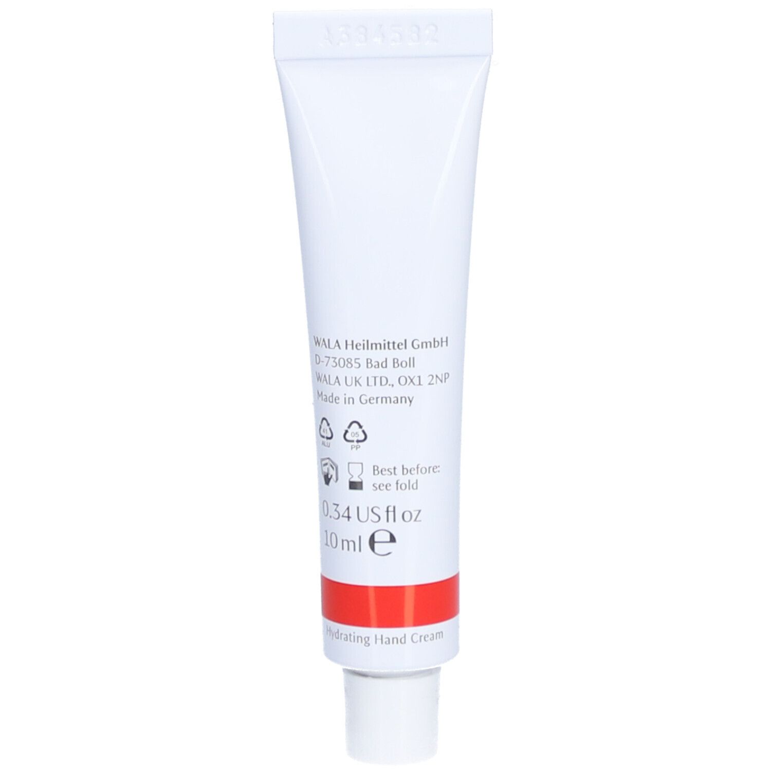 Witte tube met rode streep. Opdruk: 10 ml, 0.34 US fl oz. Fabrikantinformatie.