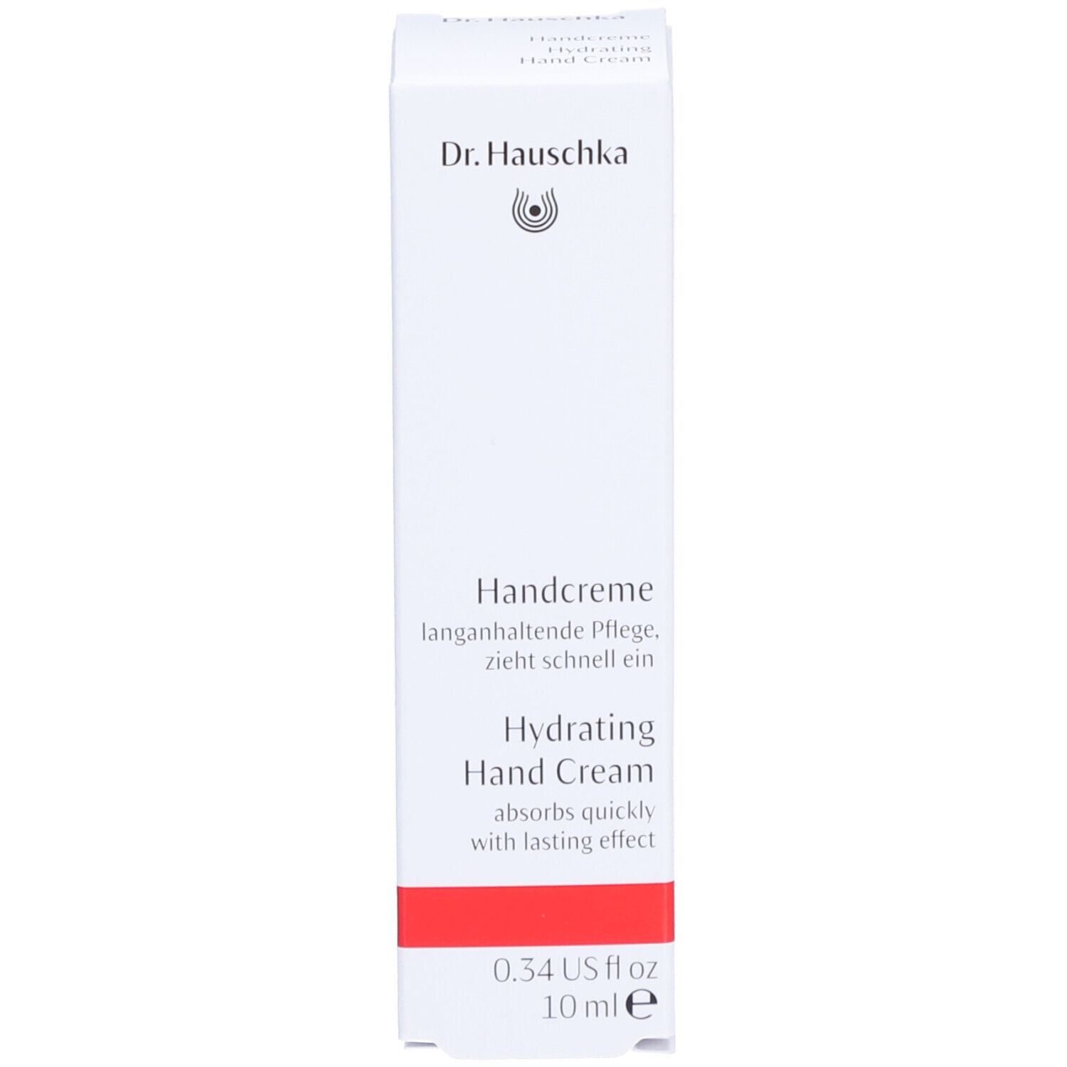 Witte doos met rode streep. Opschrift: Dr. Hauschka, Handcreme, 10 ml.