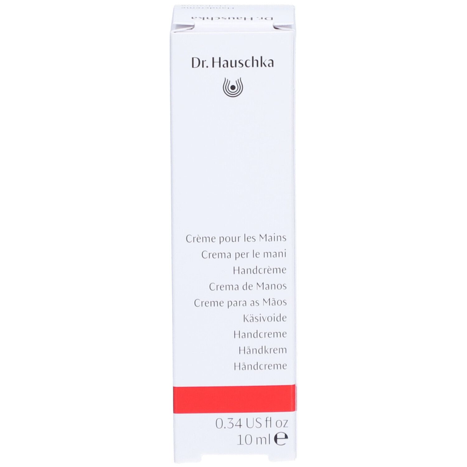 Witte doos met rode streep. Meertalige opdruk: Creme pour les Mains, Handcreme.