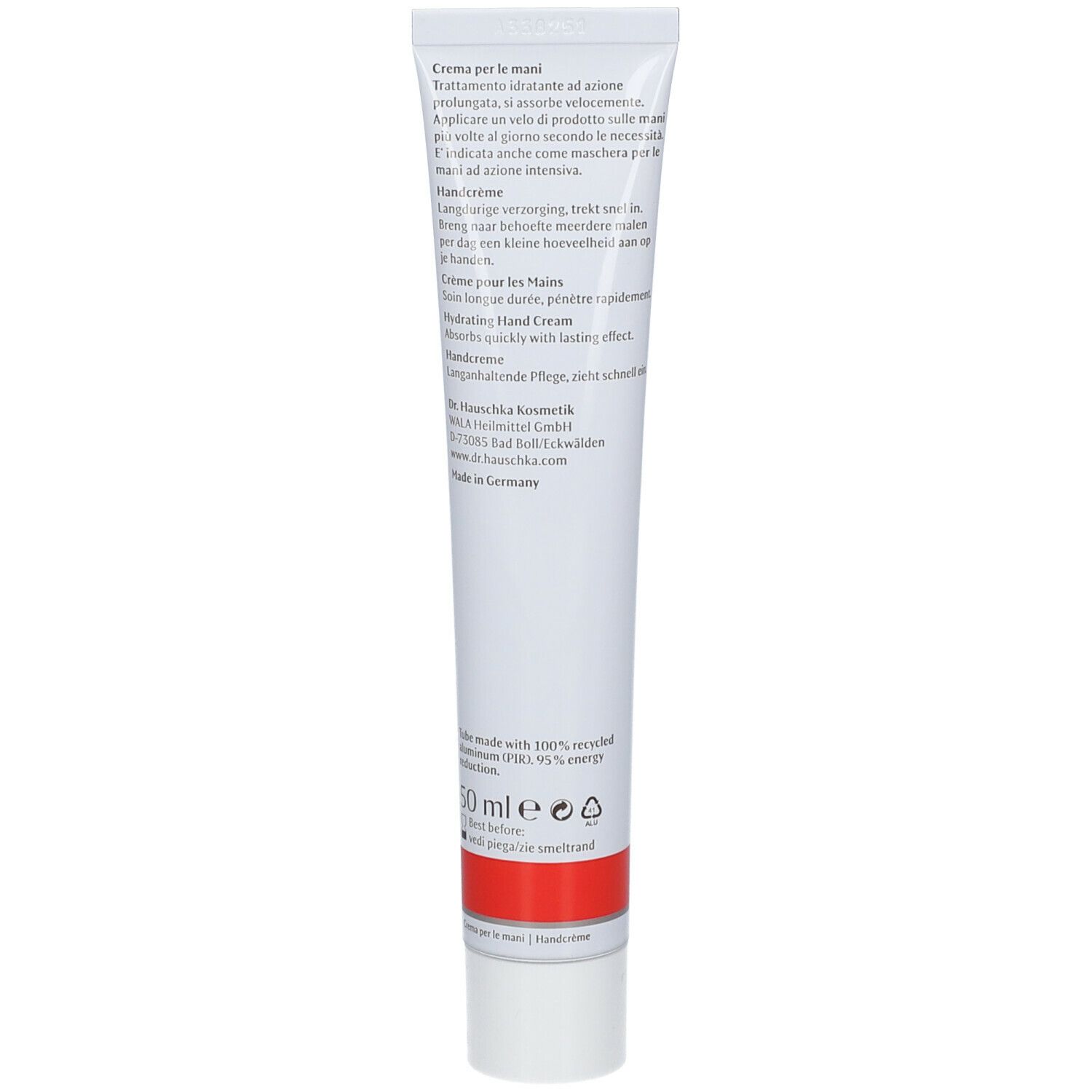Dos du tube blanc. Texte multilingue. Bande rouge en bas. "50 ml e" et logo.