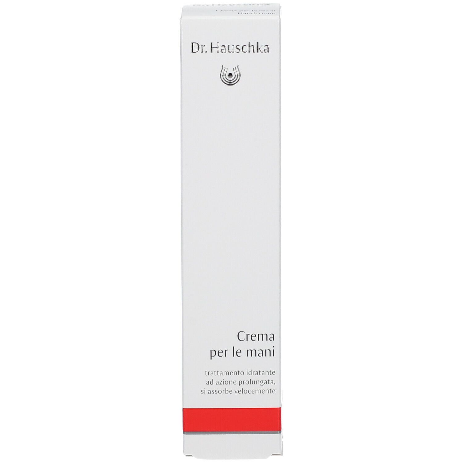 Boîte blanche avec "Dr. Hauschka" et "Crema per le mani". Bande rouge en bas.