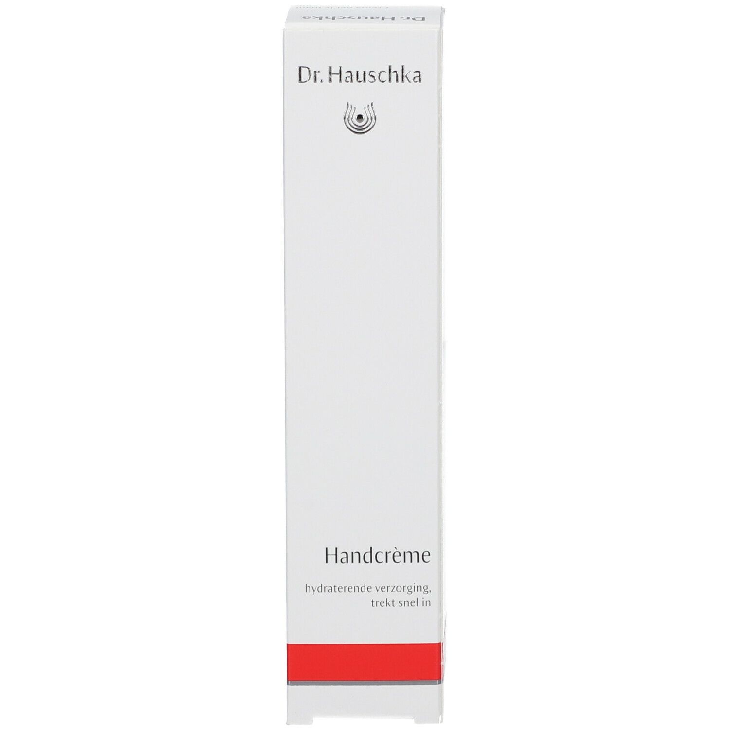 Boîte blanche avec "Dr. Hauschka" et "Handcrème". Bande rouge en bas.