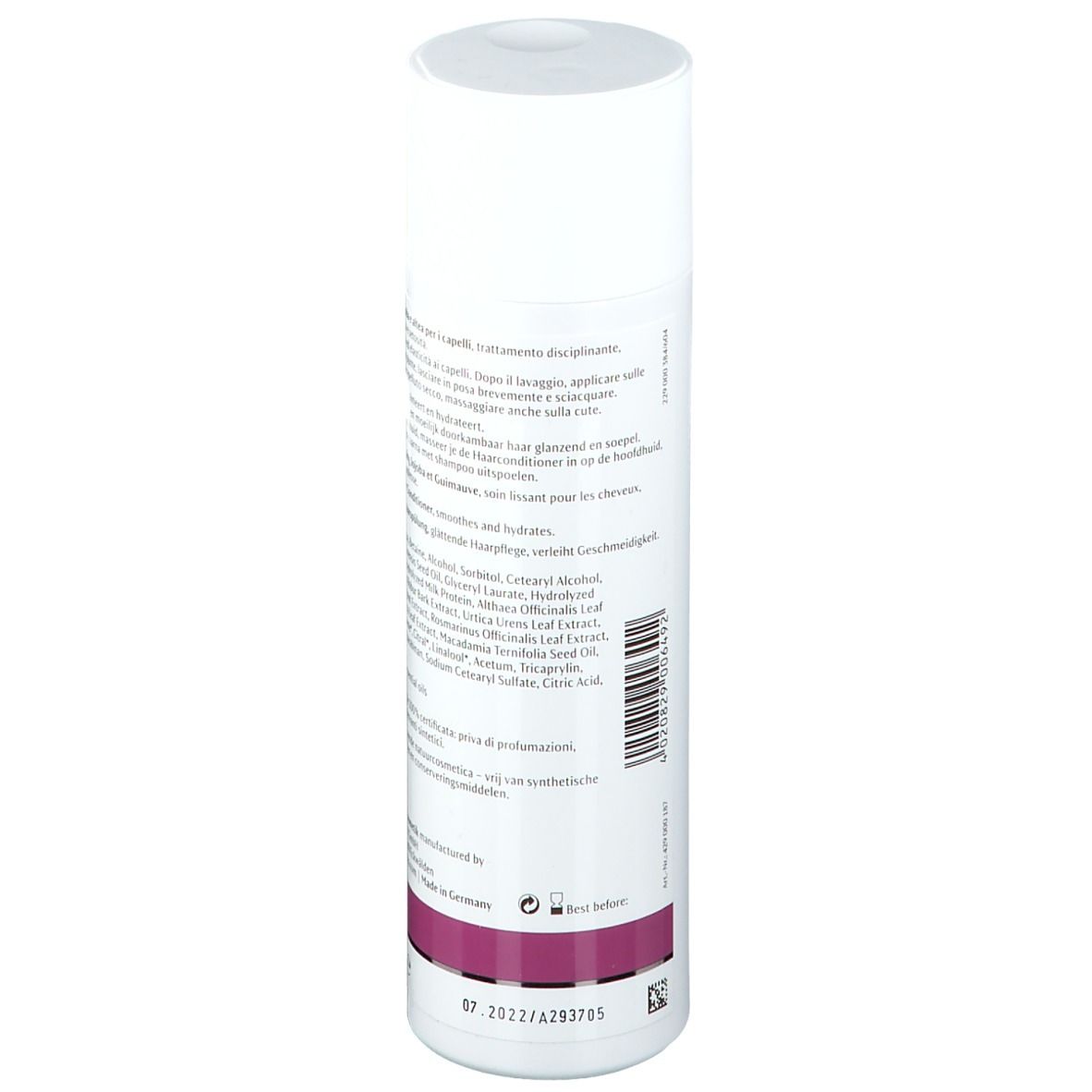 Dos du flacon blanc-violet. Texte : Ingrédients, 200 ml, Dr. Hauschka. Ingrédients et fabricant.
