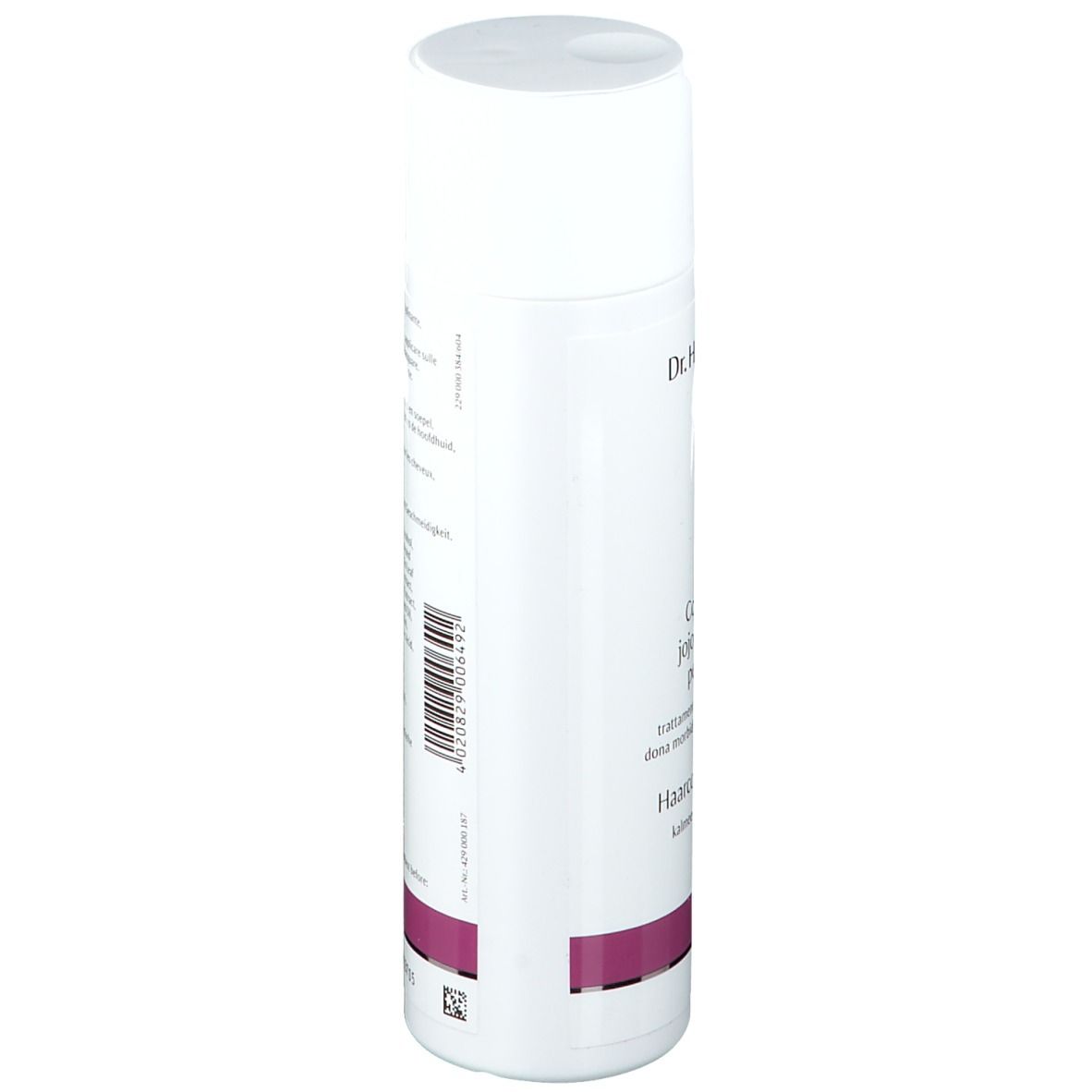 Flacon blanc et violet. Inscription : Dr. Hauschka, Après-shampooing, Jojoba et guimauve pour cheveux.