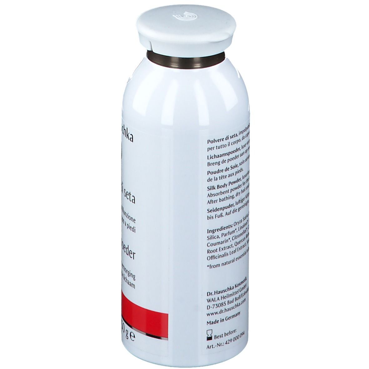 Weiße Dose, Seitenansicht. Text: Dr. Hauschka, Inhaltsstoffe, Made in Germany. Roter Streifen. Deckel.