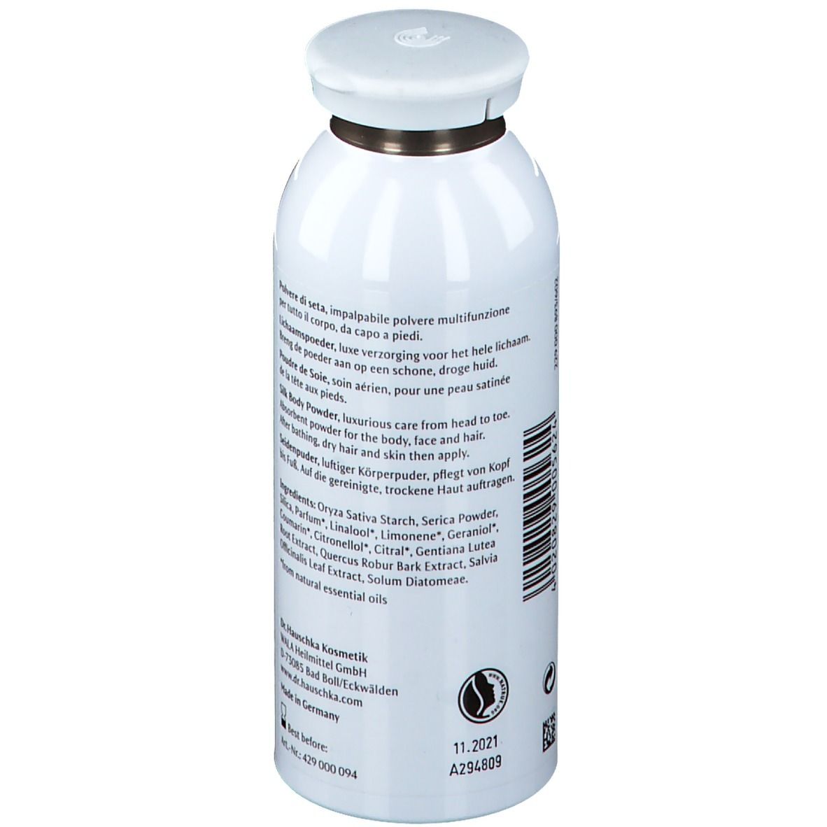 Weiße Dose, Seitenansicht. Text: Dr. Hauschka, Inhaltsstoffe, Made in Germany. Haltbarkeit. Deckel.