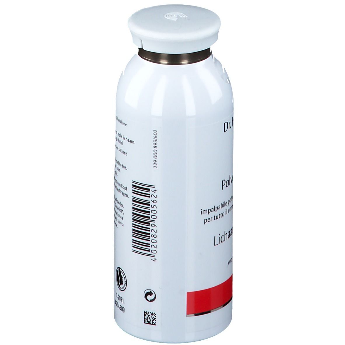 Weiße Dose, Seitenansicht. Text: Dr. Hauschka, Barcode, Haltbarkeit. Deckel. Roter Streifen.