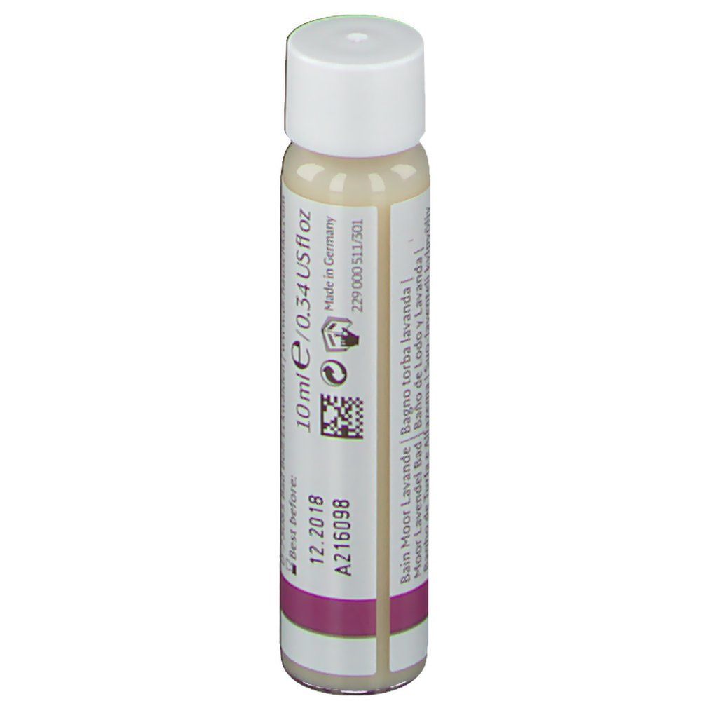 Petite bouteille cylindrique. Inscription : 10 ml/0.34 US fl oz, Best before 12.2018, A216098. Texte en plusieurs langues.