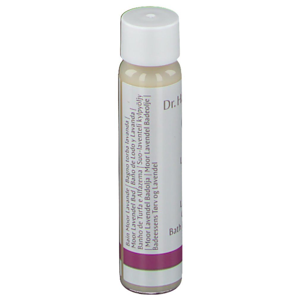 Petite bouteille cylindrique. Inscription : Dr. Hauschka, Moor Lavendel Bad, Moor Lavender Calming Bath Essence. Texte multilingue.