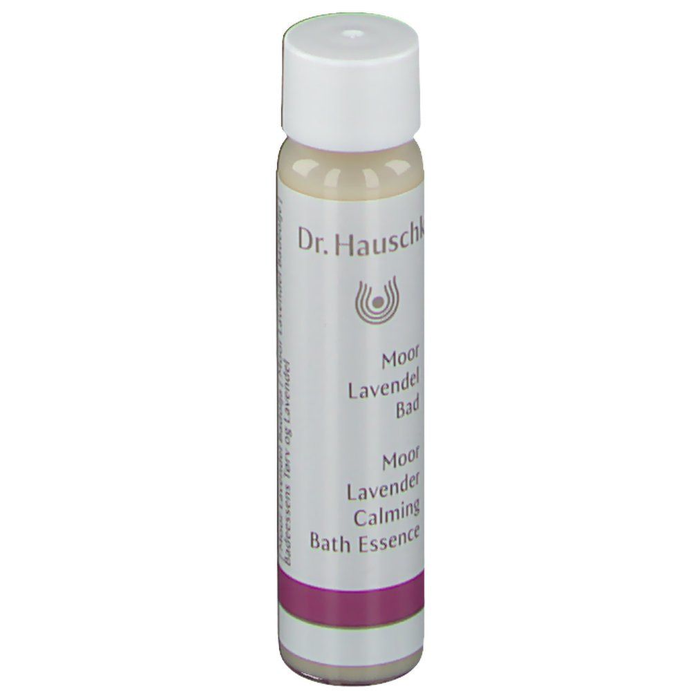 Petite bouteille cylindrique avec bouchon blanc. Inscription : Dr. Hauschka, Moor Lavendel Bad, Moor Lavender Calming Bath Essence.