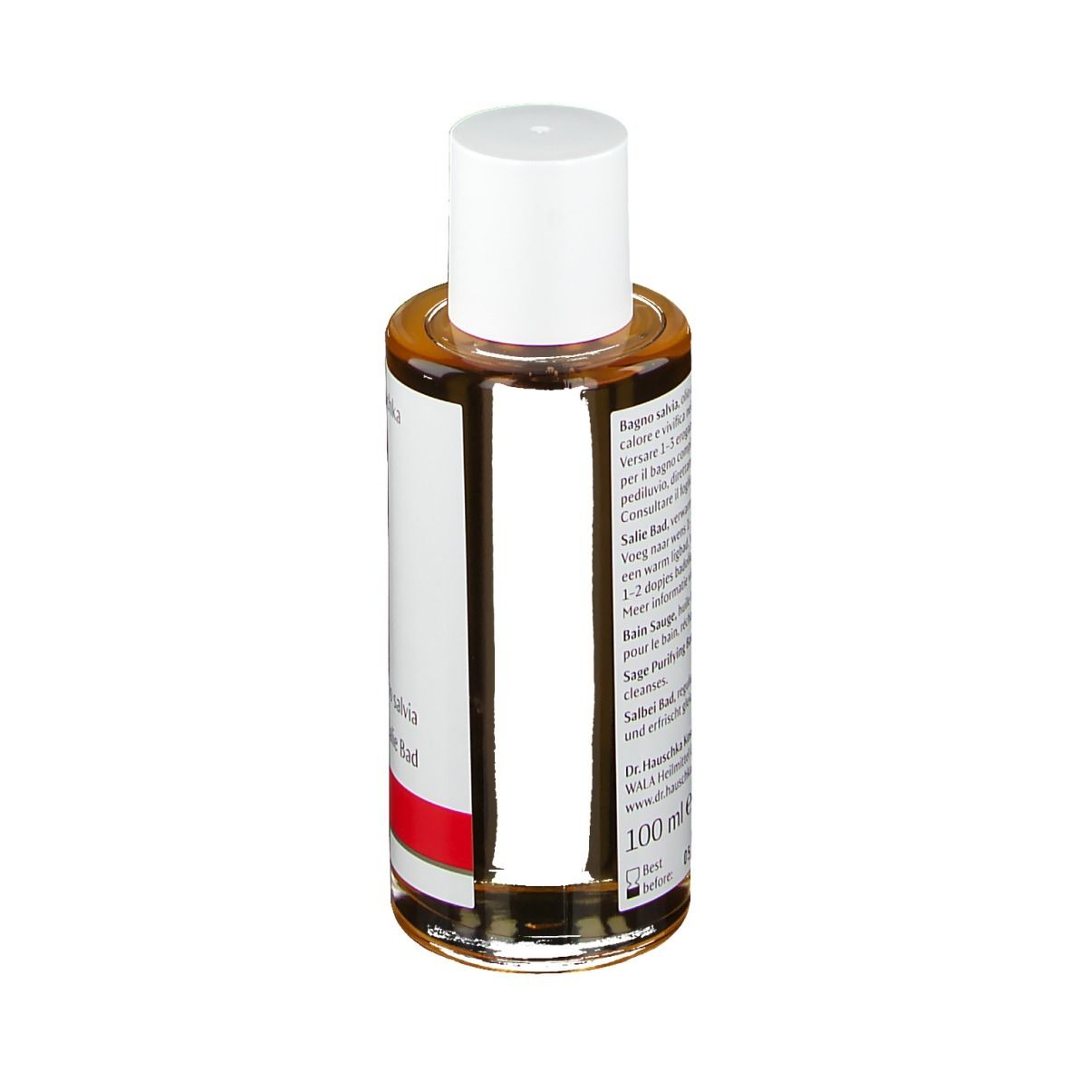 Bruine glazen fles met witte dop. Etiket met tekst en logo.