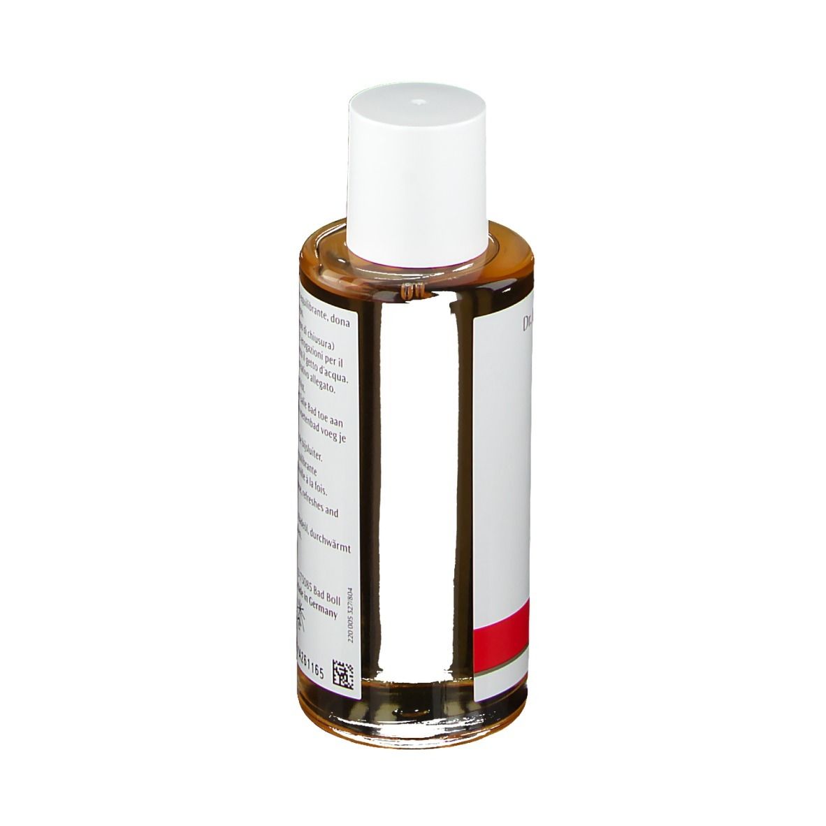 Bruine glazen fles met witte dop. Etiket met tekst.