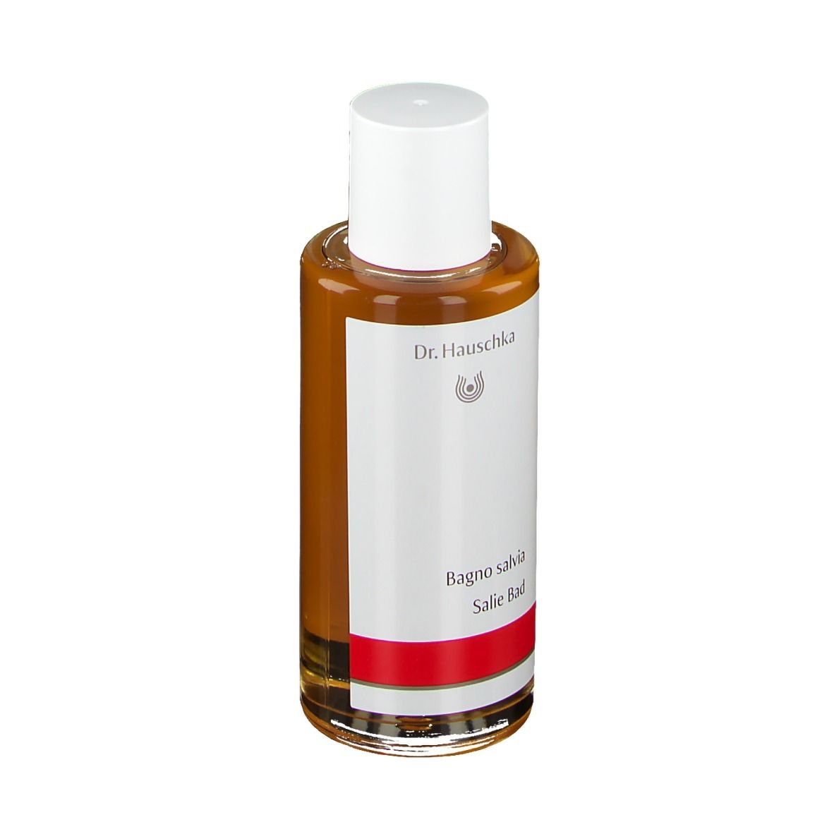 Bruine glazen fles met witte dop. Etiket met productnaam en logo.