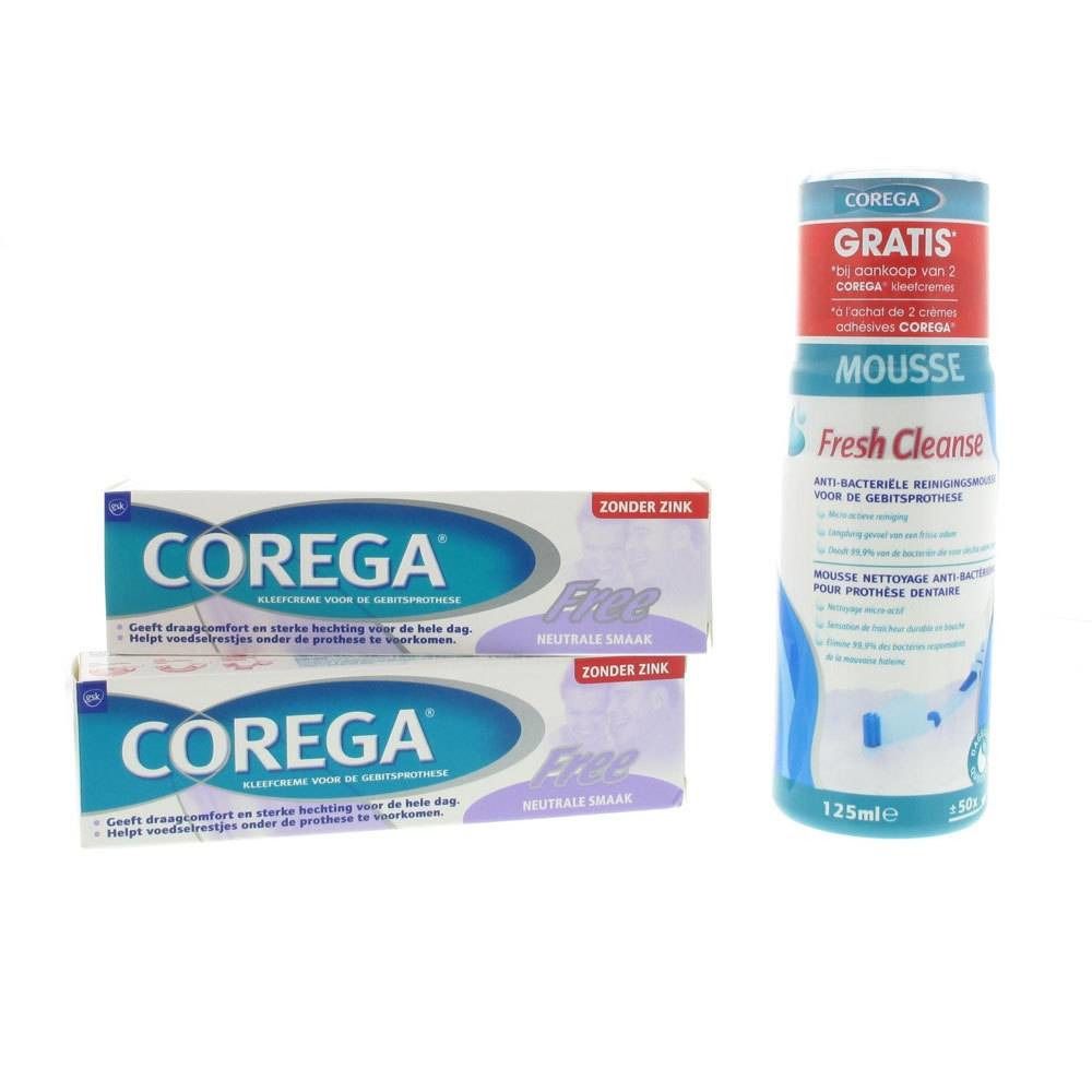 Deux tubes de crème Corega et une bouteille de mousse Corega. "Free" sur les tubes. "Gratis" sur la bouteille.