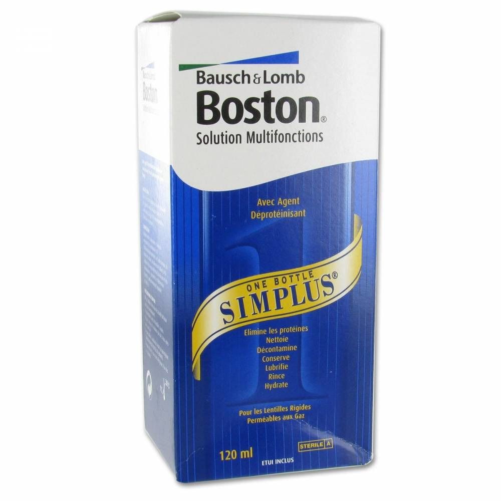 Boîte de Boston Simplus. Boîte bleue et blanche avec nom et texte du produit. Contient 120 ml.