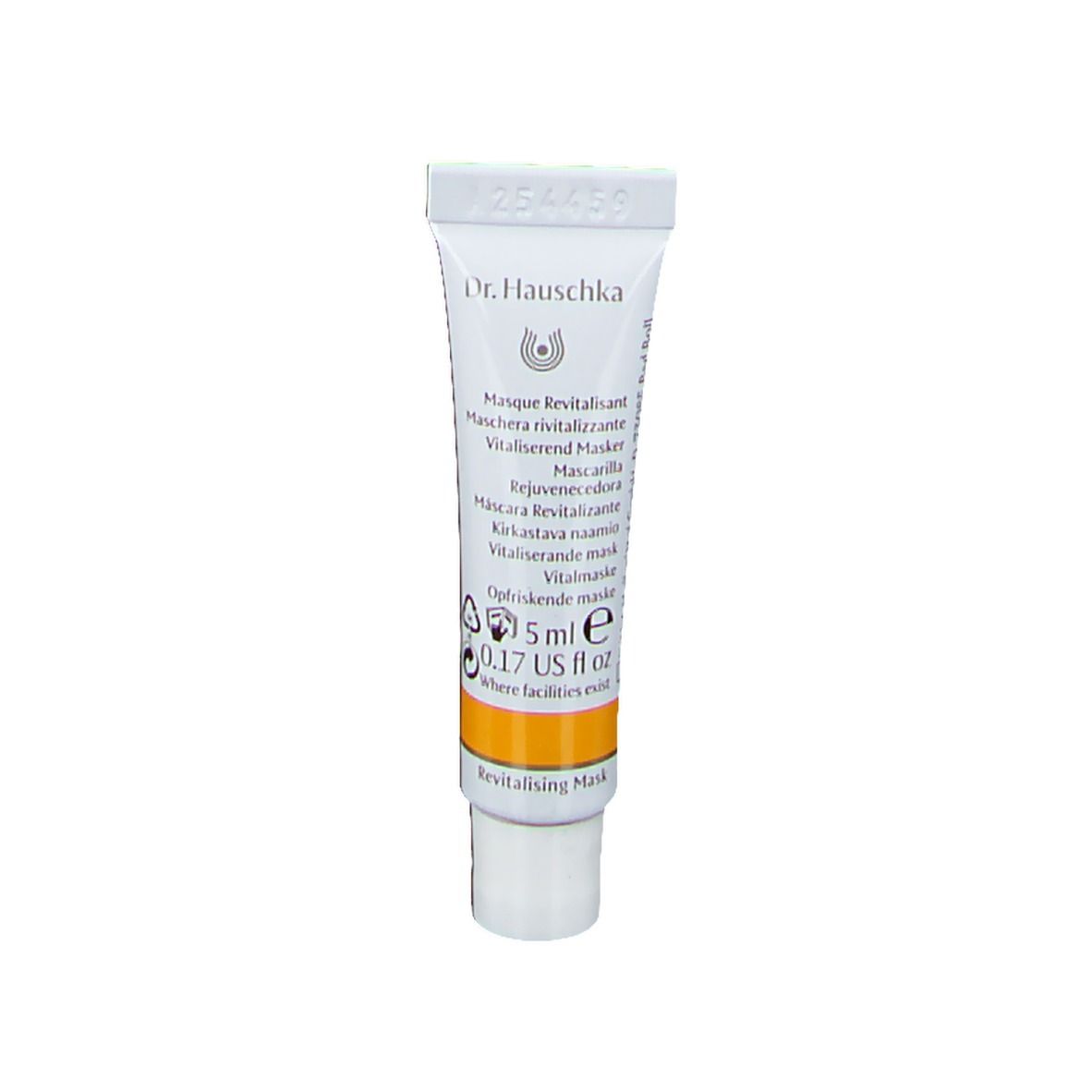 Petit tube blanc avec bande jaune. Inscription: Dr. Hauschka, Revitalisierende Maske, 5 ml, 0.17 US fl oz.