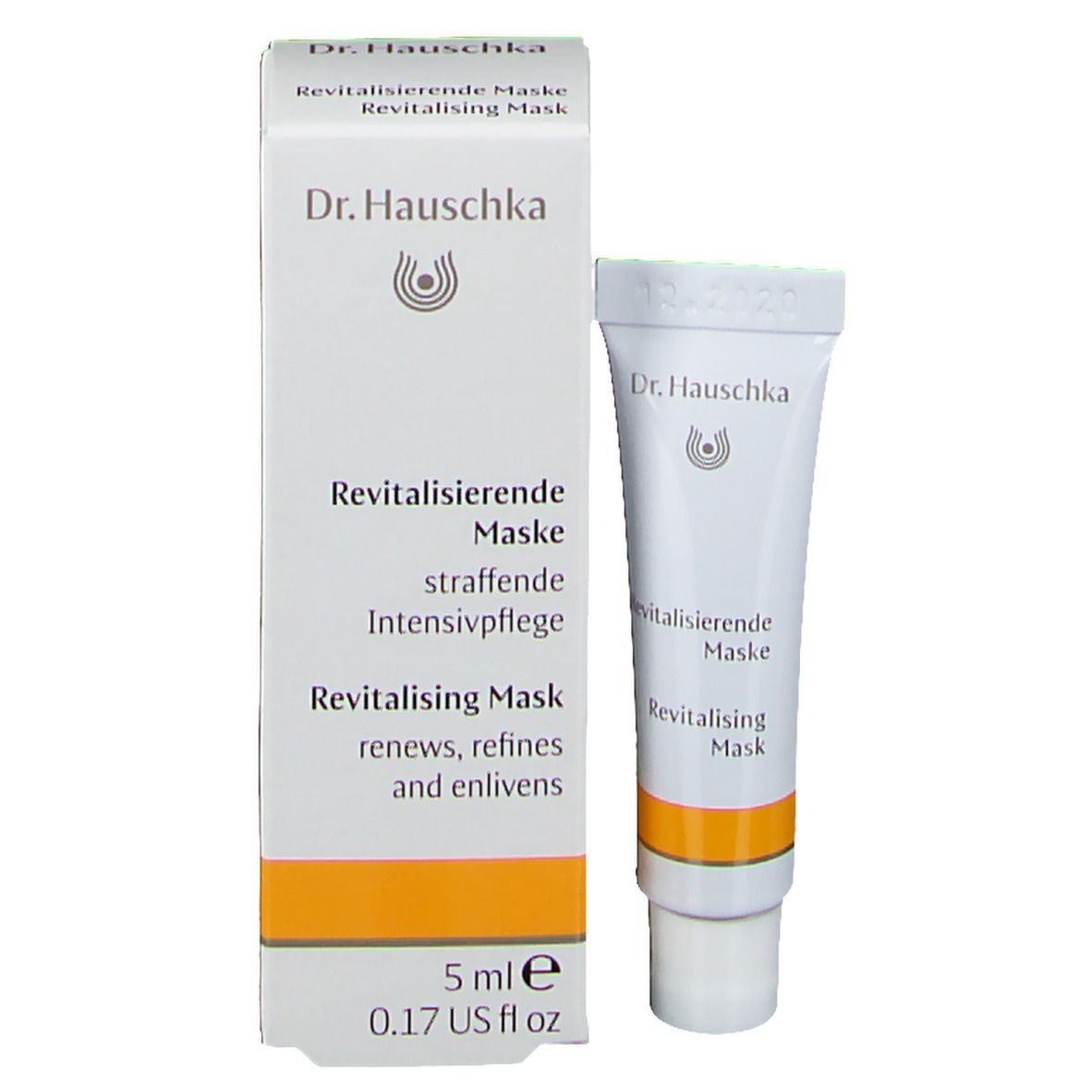 Emballage produit avec tube. Inscription: Dr. Hauschka, Revitalisierende Maske, 5 ml, 0.17 US fl oz.