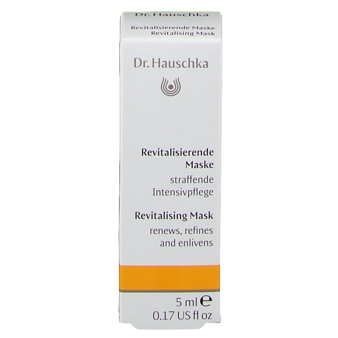 Emballage produit. Inscription: Dr. Hauschka, Revitalisierende Maske, 5 ml, 0.17 US fl oz.