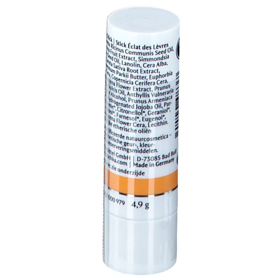 Stick pour les lèvres blanc avec ingrédients et poids. Inscription: Stick Eclat des Lèvres. 4,9 g. Marque Dr. Hauschka.