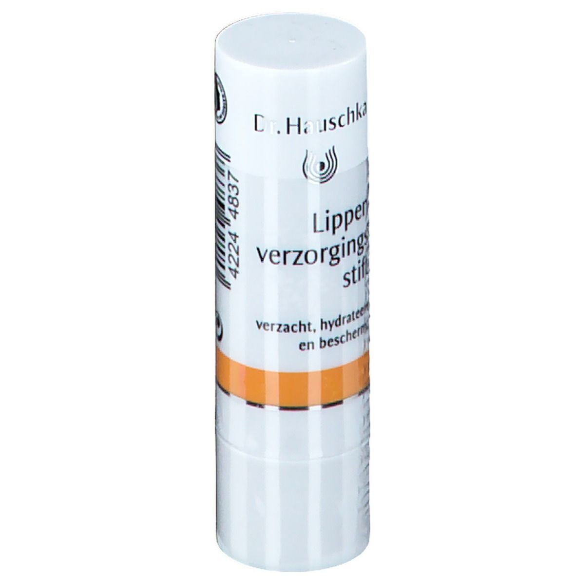 Stick pour les lèvres blanc et orange. Inscription: Lippen verzorgings stift. Marque Dr. Hauschka. Code-barres.