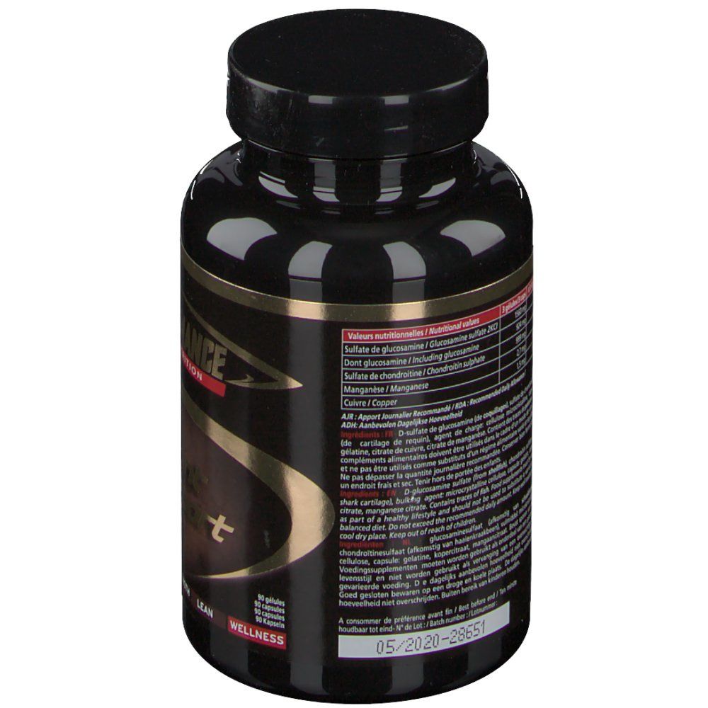 Flacon noir avec étiquette. Dos avec informations nutritionnelles et texte. Contient de la glucosamine et du sulfate de chondroïtine.