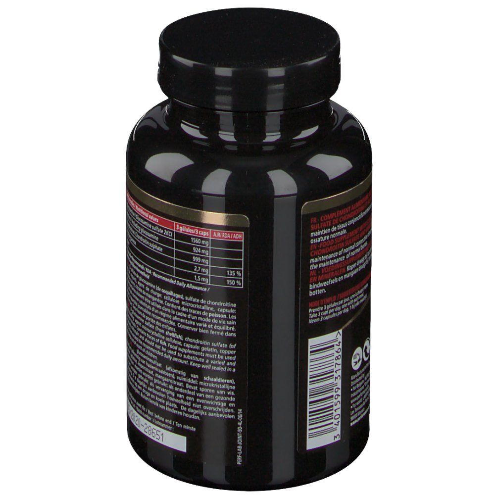 Flacon noir avec étiquette. Dos avec informations nutritionnelles. Contient glucosamine, chondroïtine, manganèse et cuivre.